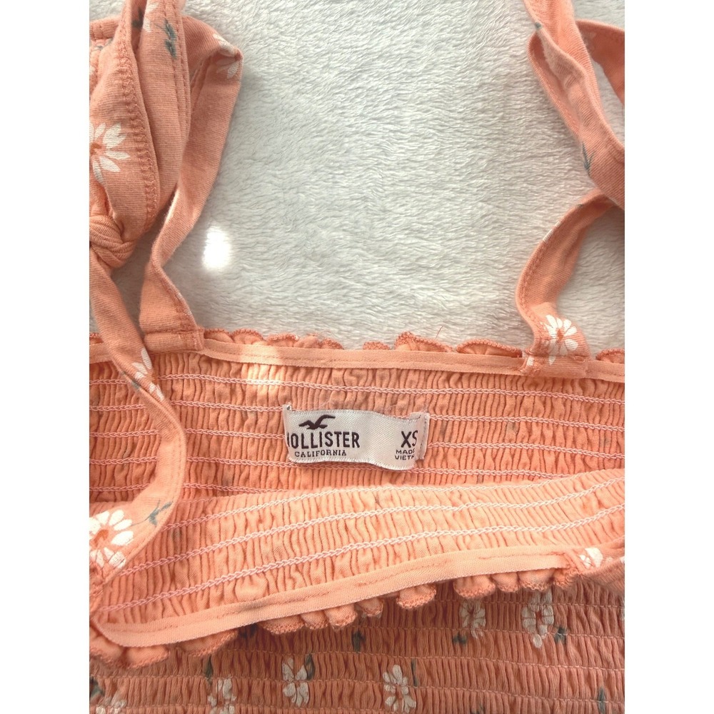 Hollister Smocked Tank Top Womens XS Peach Pink Daisy Floral Tie Strap Crop Cami - Picture 2 of 11